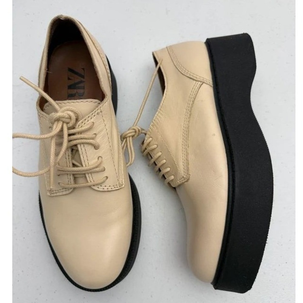 Zara Platform Oxford Shoes Women 36 Beige Leather Chunky Excellent 2538/510/002